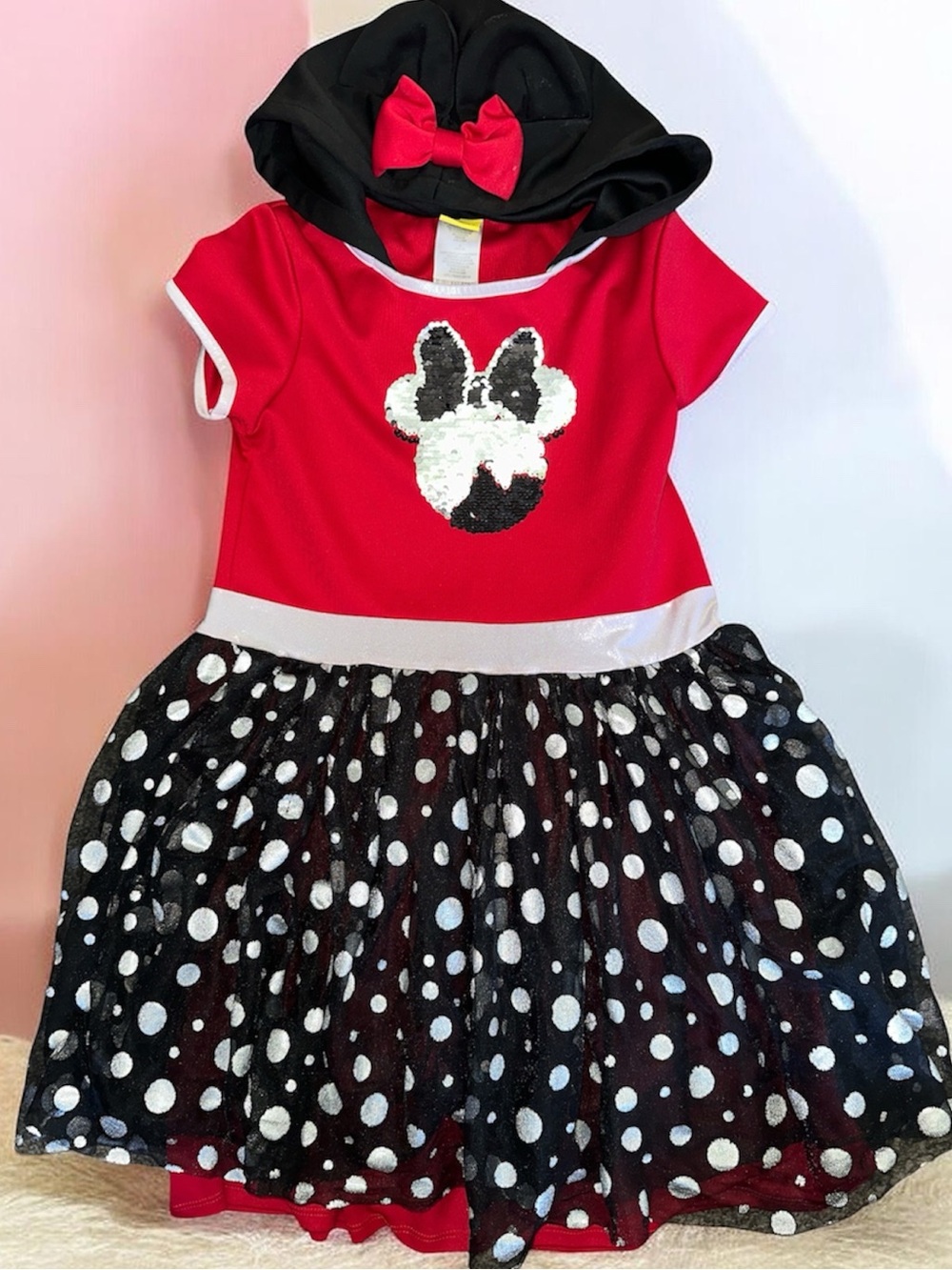 Disney Minnie Mouse Hooded Dress Girls Size 8 Sequin Polka Dot Costume Dress